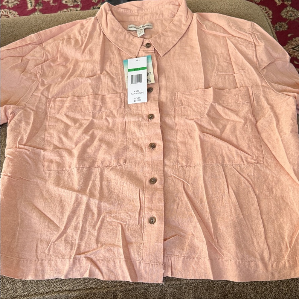 Alexander Jordan Linen Blend Button Front Shirt Cantaloupe Large (TD)
